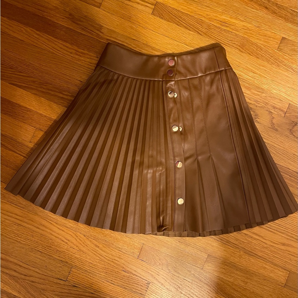 Zara Brown Pleated Faux Leather Button-Front Skirt